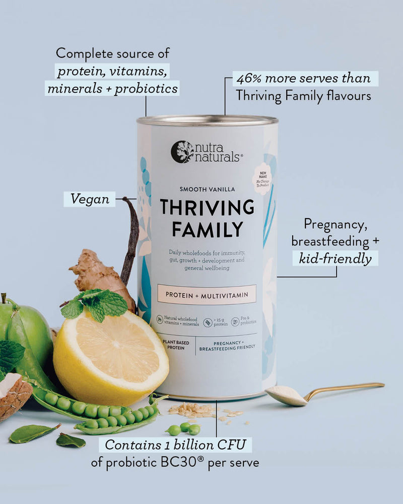 Nutra Naturals Thriving Family protein powder can with vanilla flavor on a light blue background