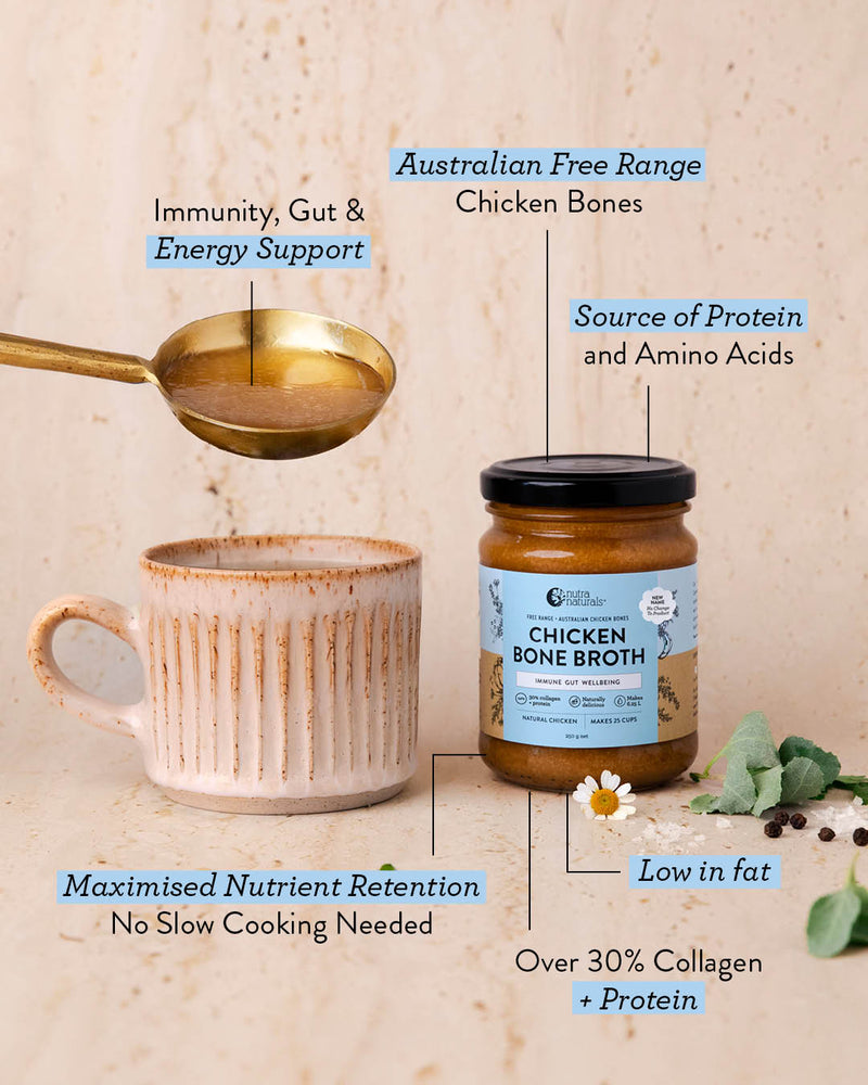Chicken bone broth jar with a cup and spoon on a beige background, highlighting health benefits.