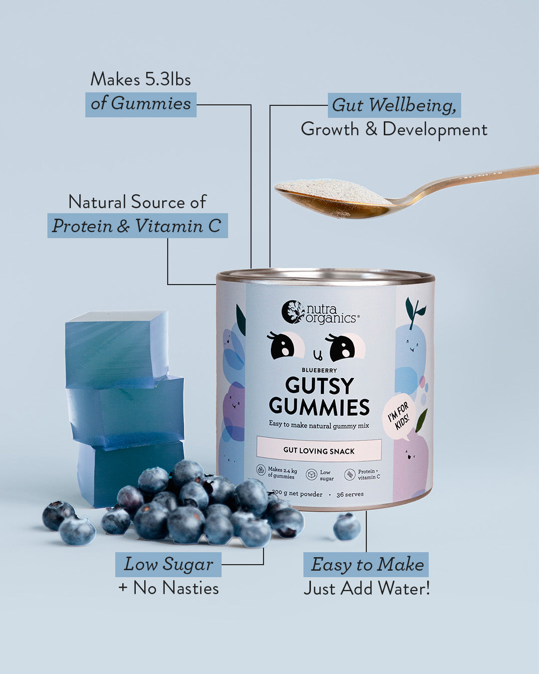 Gutsy Gummies - Makes 5.3lbs of Gummies | Natural Source of Protein & Vitamin C | Gut Wellbeing,
Growth & Development | Low Sugar + No Nasties | Easy to Make Just Add Water!
