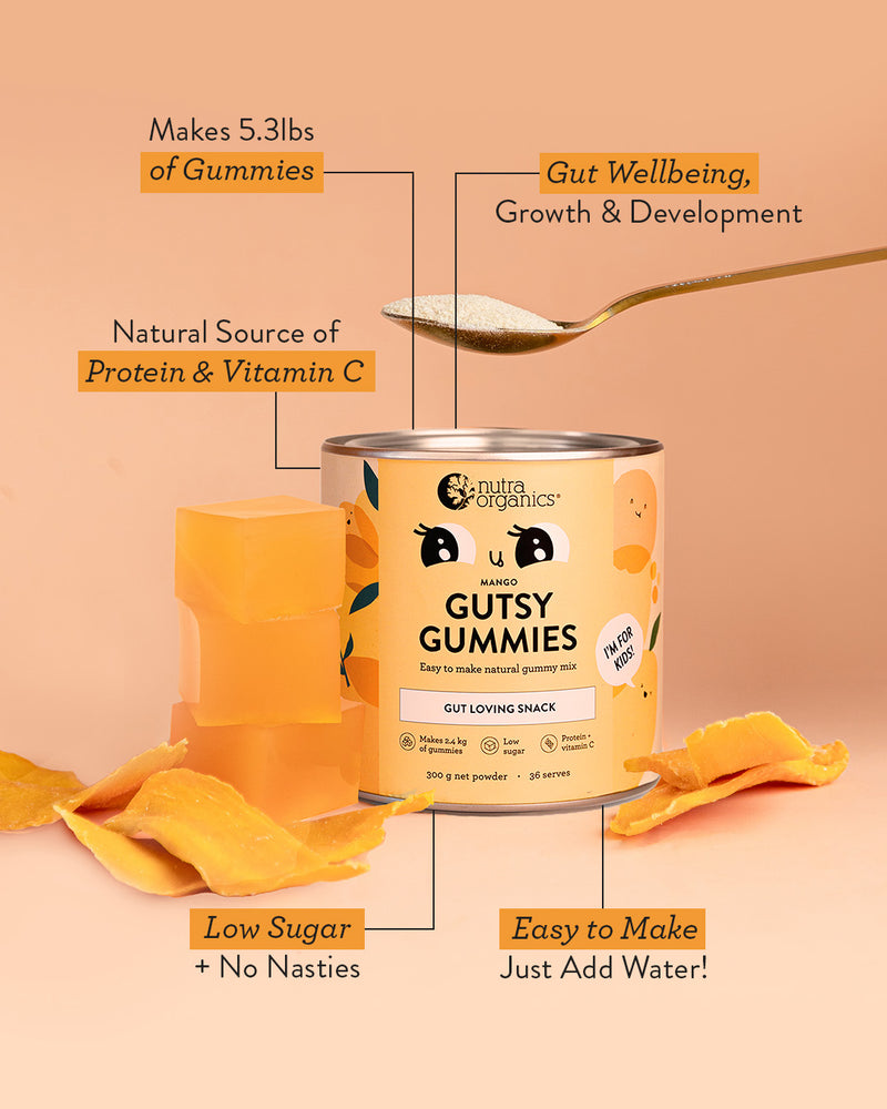 Gutsy Gummies - Makes 5.3lbs of Gummies | Natural Source of Protein & Vitamin C | Gut Wellbeing,
Growth & Development | Low Sugar + No Nasties | Easy to Make Just Add Water!