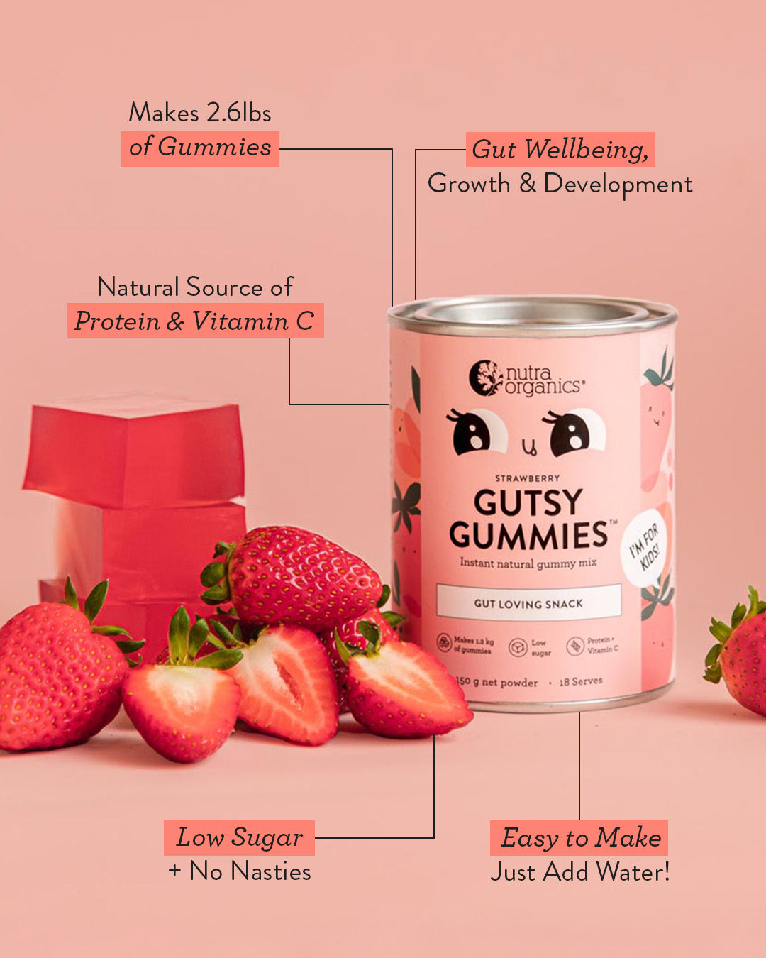 Gutsy Gummies - Makes 2.6lbs of Gummies | Natural Source of Protein & Vitamin C | Gut Wellbeing,
Growth & Development | Low Sugar + No Nasties | Easy to Make Just Add Water!