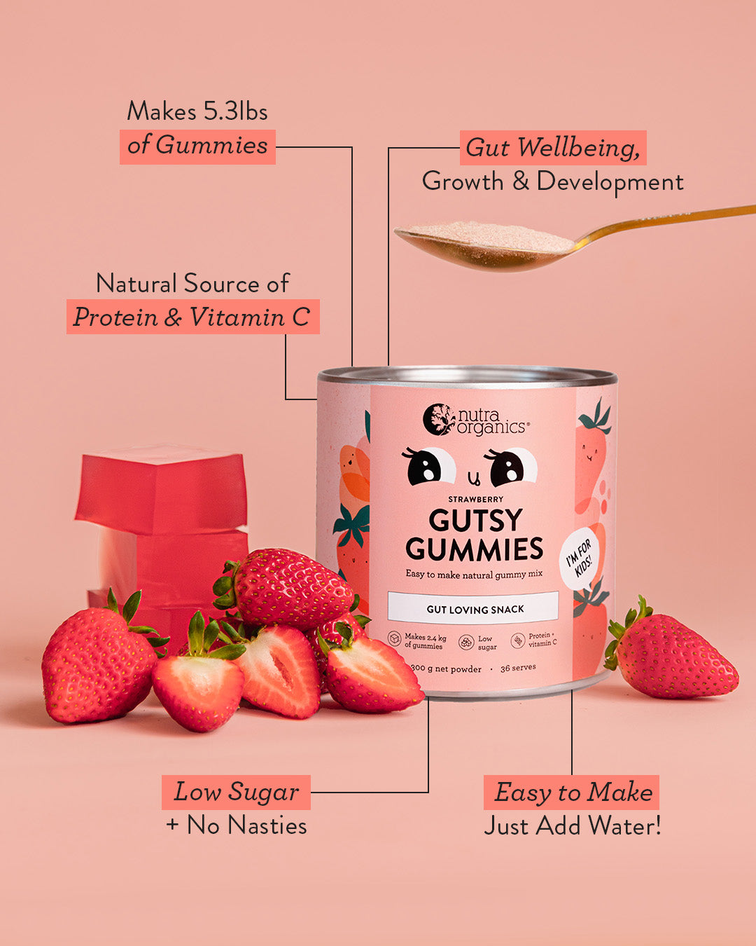 Gutsy Gummies - Makes 5.3lbs of Gummies | Natural Source of Protein & Vitamin C | Gut Wellbeing,
Growth & Development | Low Sugar + No Nasties | Easy to Make Just Add Water!