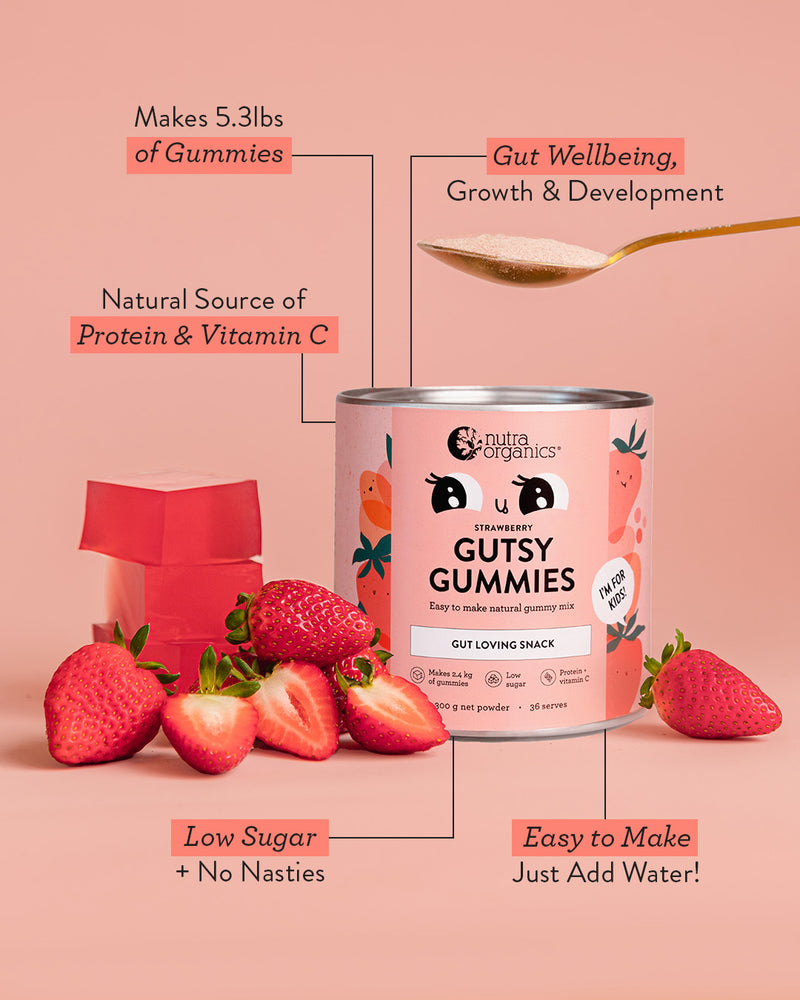 Gutsy Gummies - Makes 5.3lbs of Gummies | Natural Source of Protein & Vitamin C | Gut Wellbeing,
Growth & Development | Low Sugar + No Nasties | Easy to Make Just Add Water!